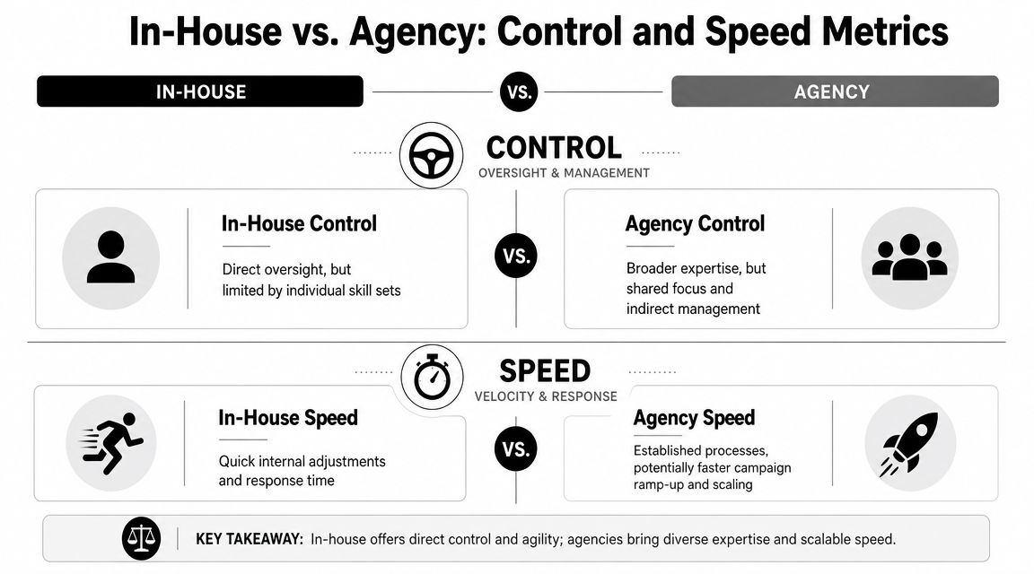 A comparison chart highlighting the differences in control and speed metrics between in-house teams and marketing agencies.