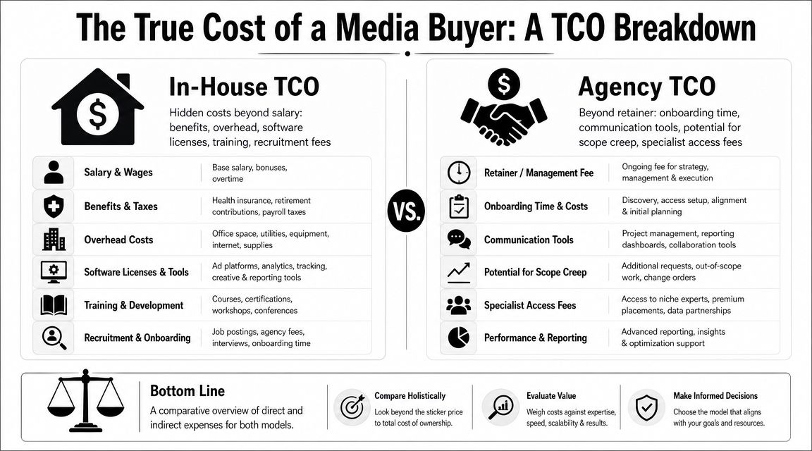 A comparative chart illustrating the total cost of ownership for an in-house versus agency media buyer.