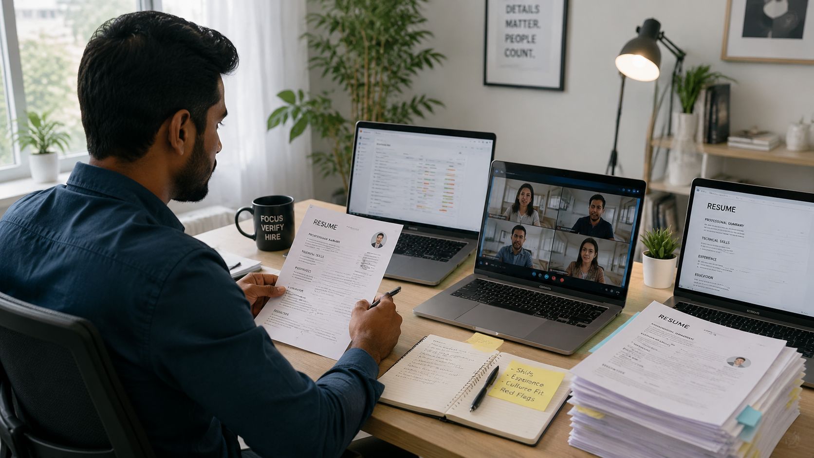 A recruiter reviewing a resume while participating in a virtual job interview on his laptop.