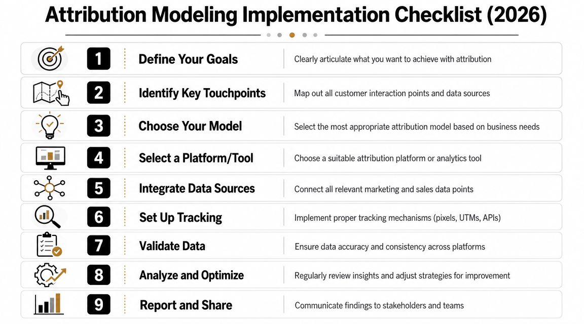 A nine-step infographic checklist for implementing marketing attribution modeling strategies in a professional business environment.