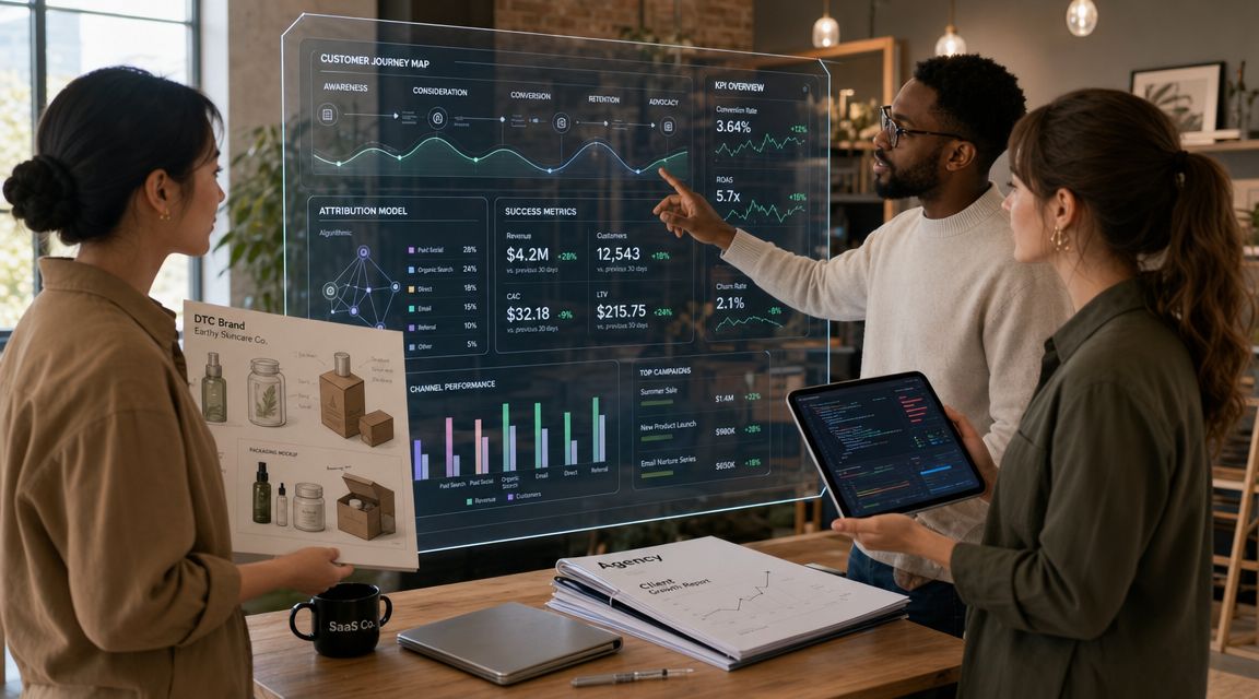 Three professionals review a digital dashboard with marketing data, customer journey maps, and channel performance metrics.