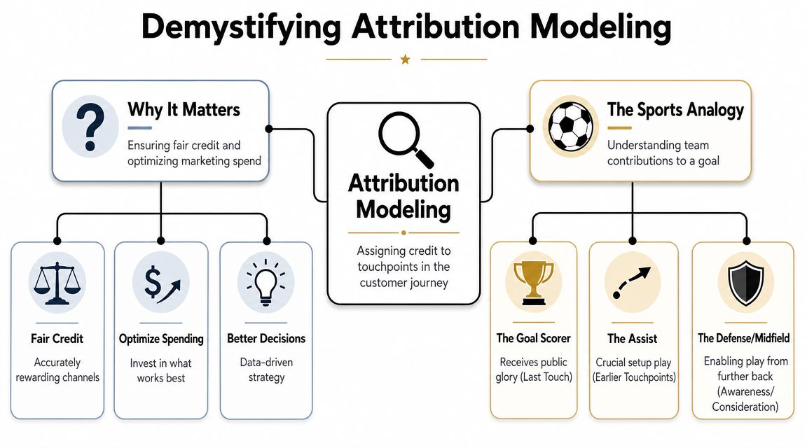 A diagram illustrating attribution modeling with analogies to sports and the business reasons for its use.