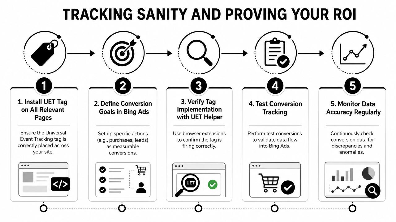 An infographic showing five essential steps for setting up and monitoring Bing Ads conversion tracking.
