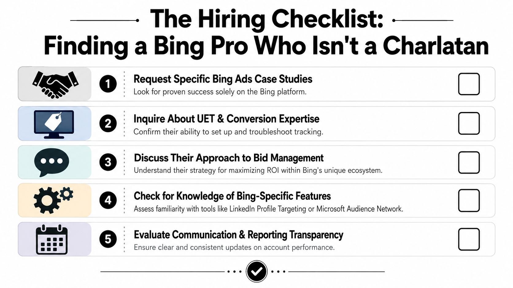 A checklist for hiring a professional Bing ads manager to avoid untrustworthy service providers.