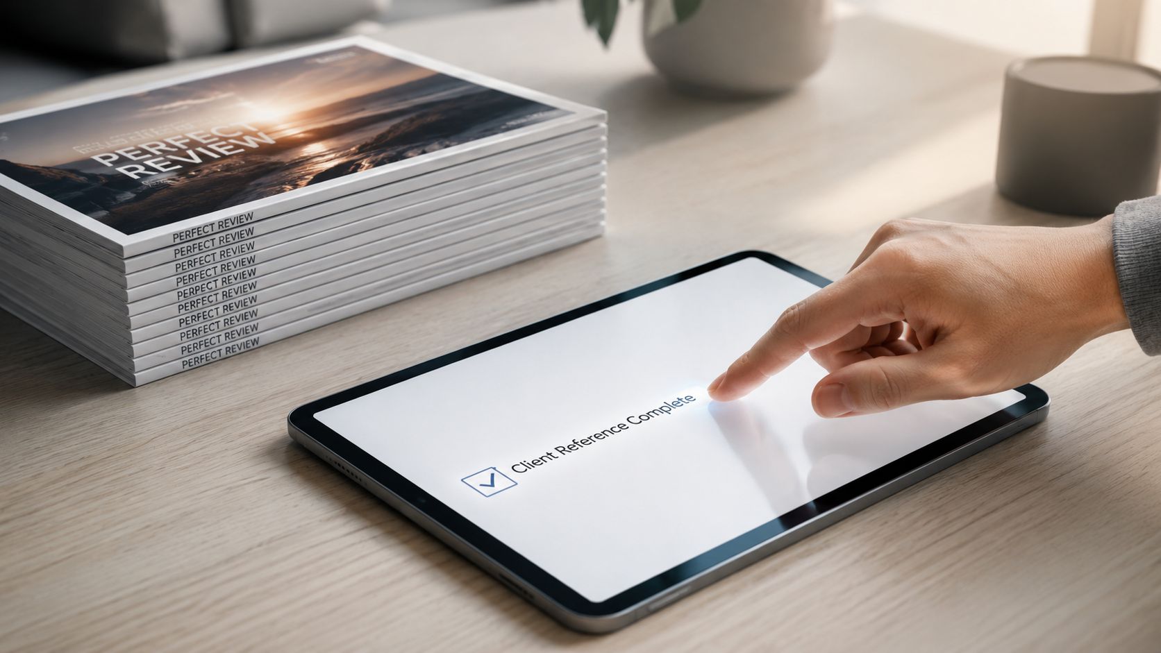 A hand touching a tablet screen displaying a completed client reference checkmark notification on a desk.