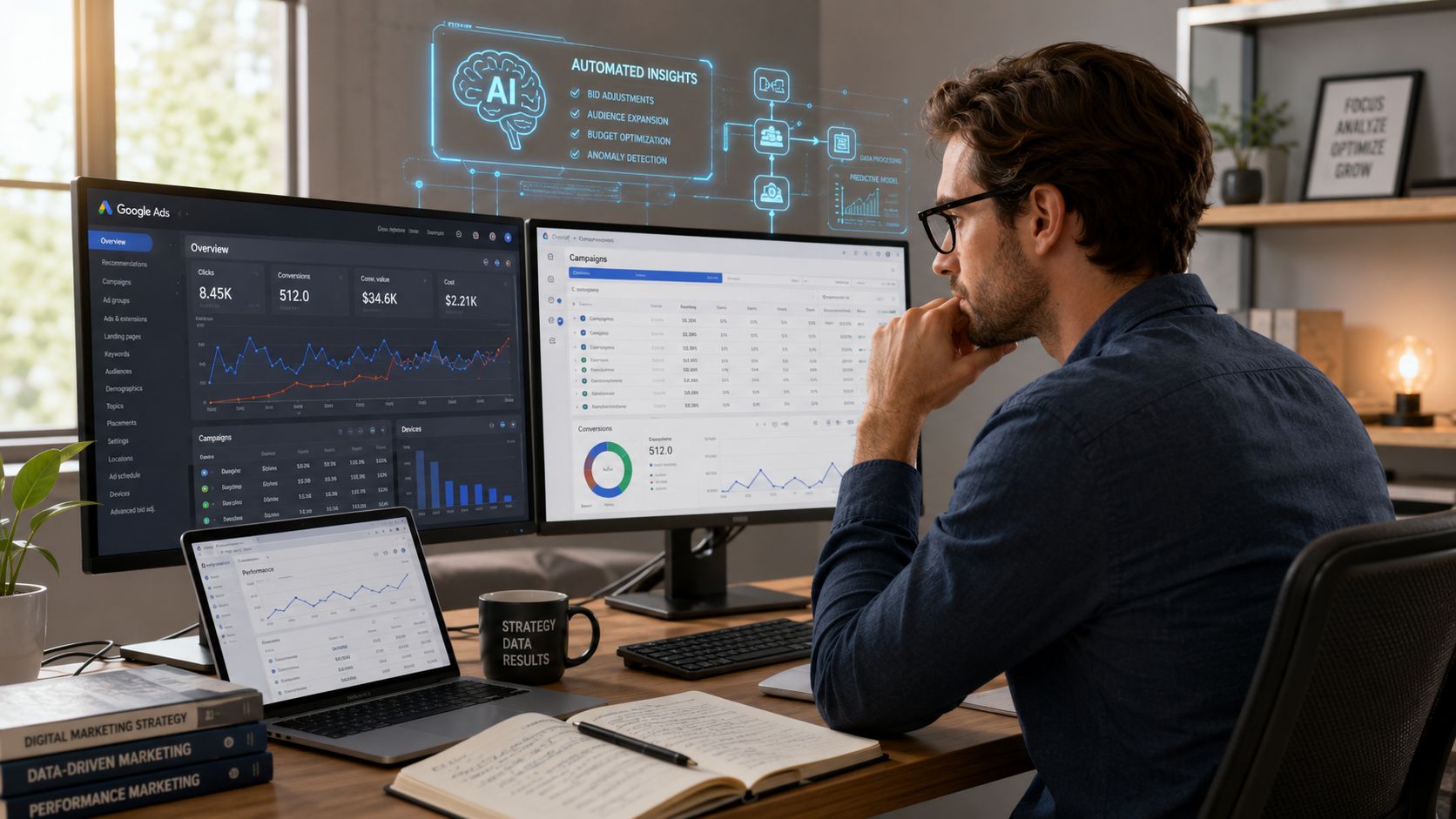 A professional analyzing Google Ads campaign performance on multiple monitors using AI-powered marketing analytics tools.