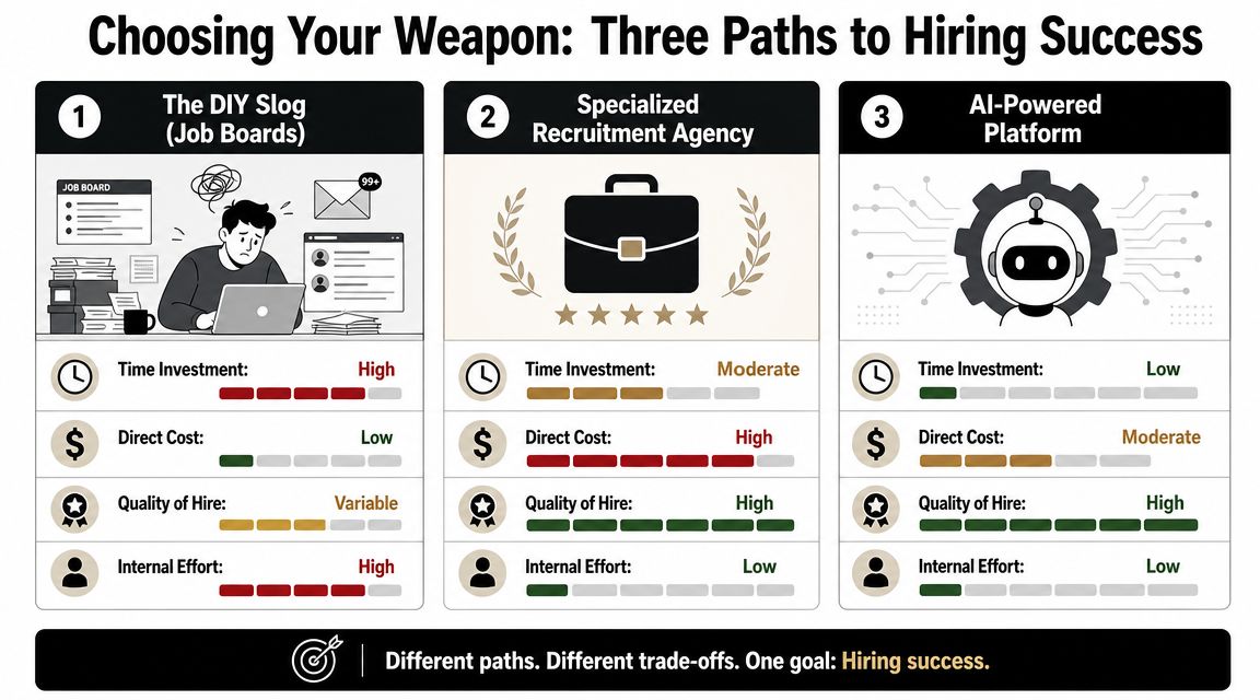 A comparison chart showing three methods for hiring success: DIY job boards, recruitment agencies, and AI platforms.