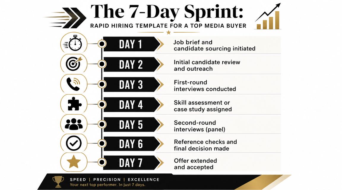 A 7-day hiring sprint timeline template for businesses looking to hire a top media buyer quickly.