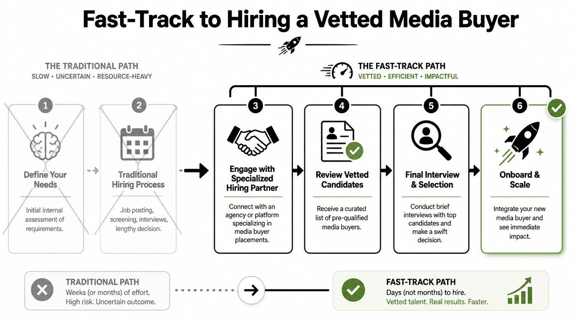 An infographic comparing the slow traditional hiring path versus a fast-track process for hiring vetted media buyers.