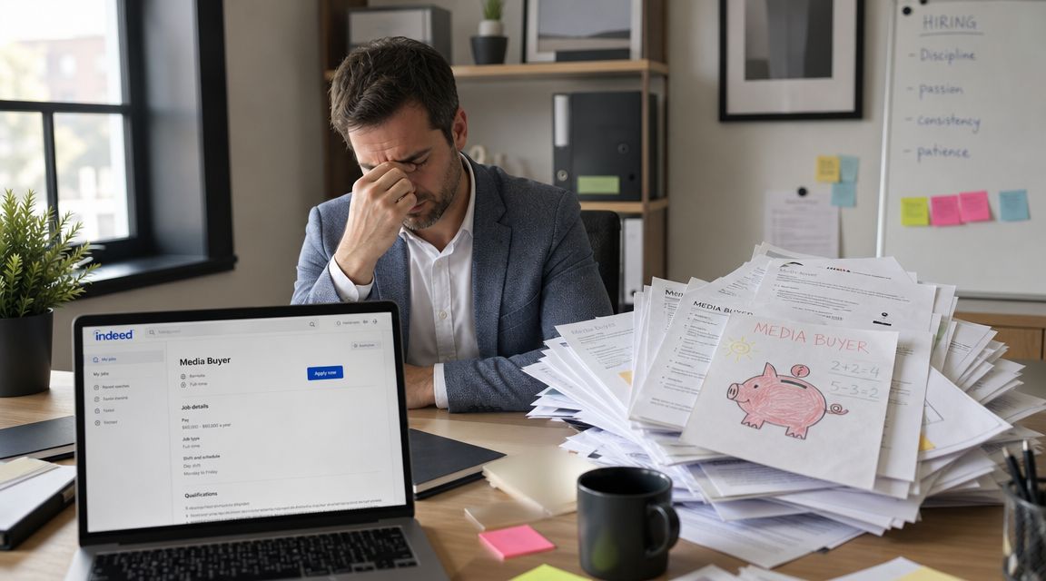 A stressed man sitting at a desk with a laptop displaying a job listing and large paper stacks.