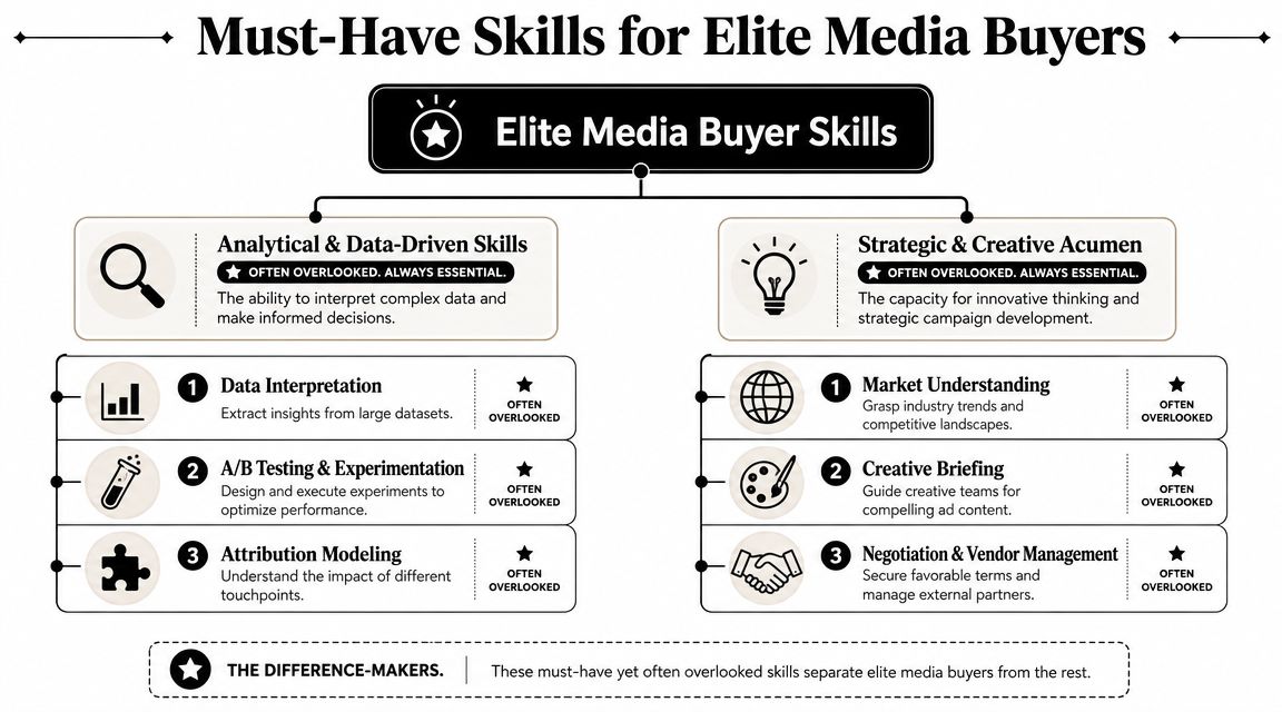 A structured infographic illustrating the core analytical and strategic skills required for elite media buyers to succeed.