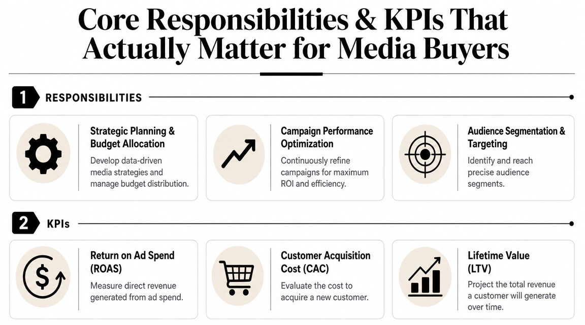 A professional infographic outlining the core responsibilities and essential performance metrics for media buyers.
