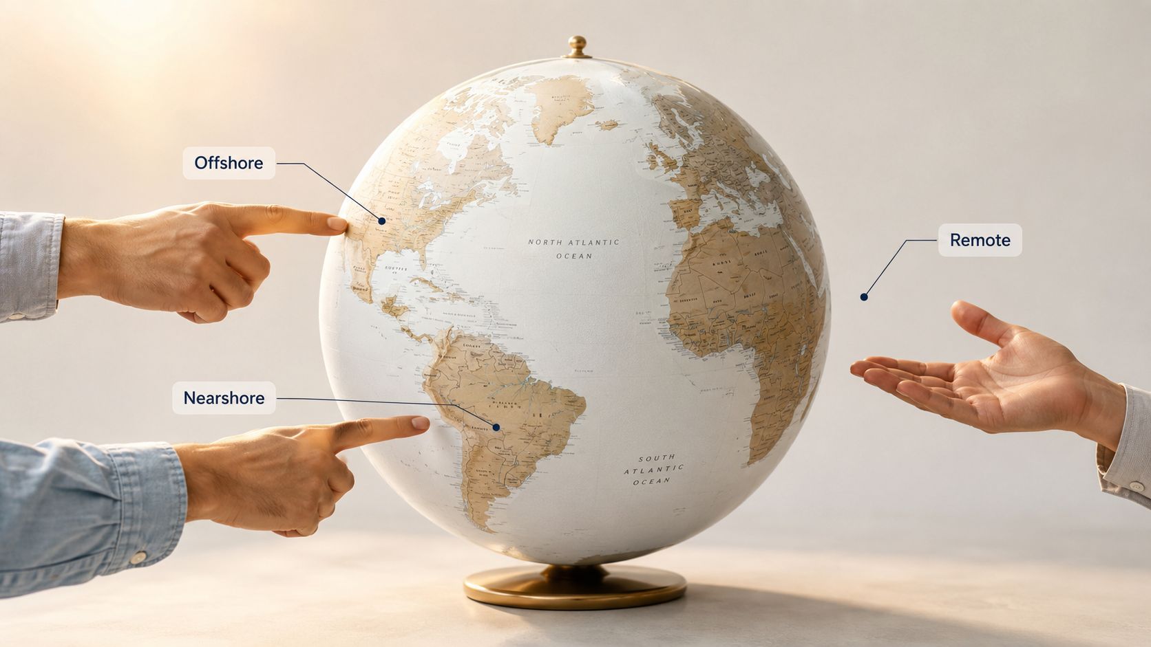 A conceptual image showing hands pointing to different regions on a world globe representing offshore, nearshore, and remote business strategies.