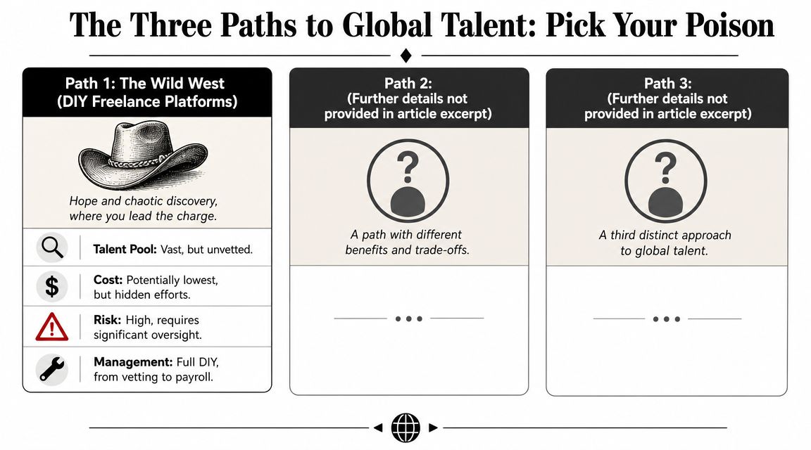 A diagram comparing three paths for global talent acquisition, starting with DIY freelance platforms.