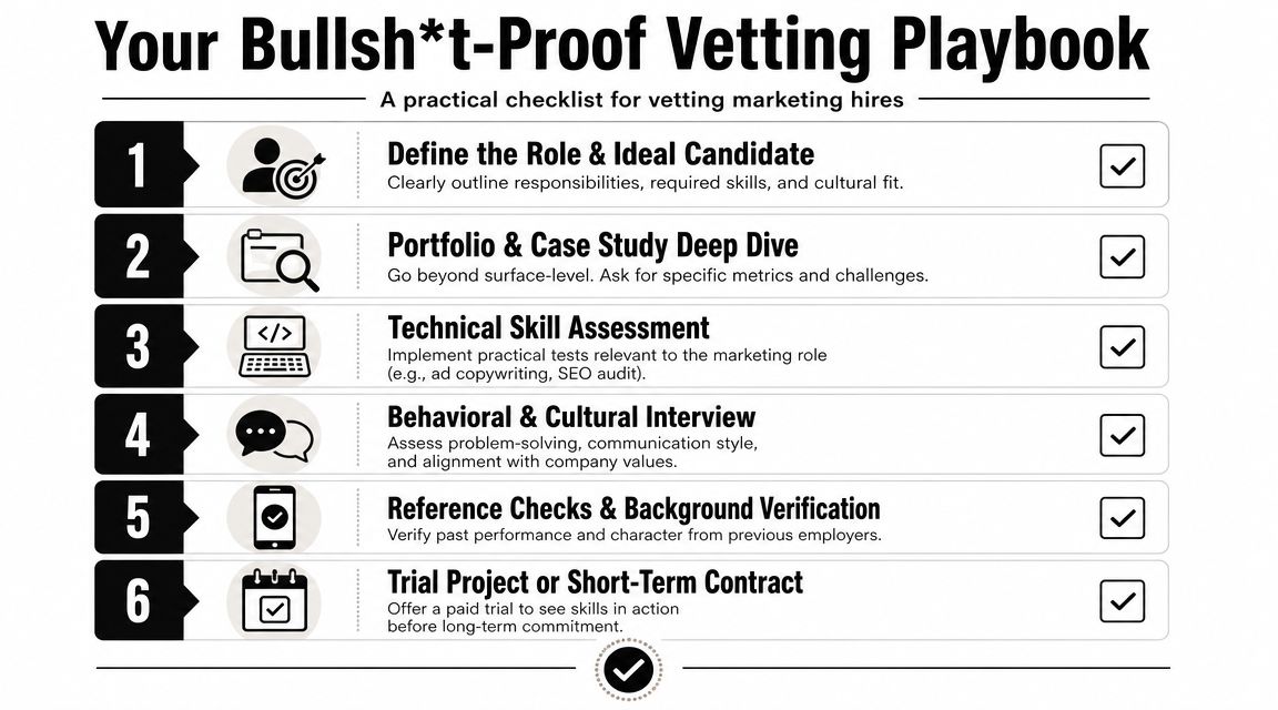 A six-step checklist infographic for effectively vetting and hiring marketing professionals for your business.