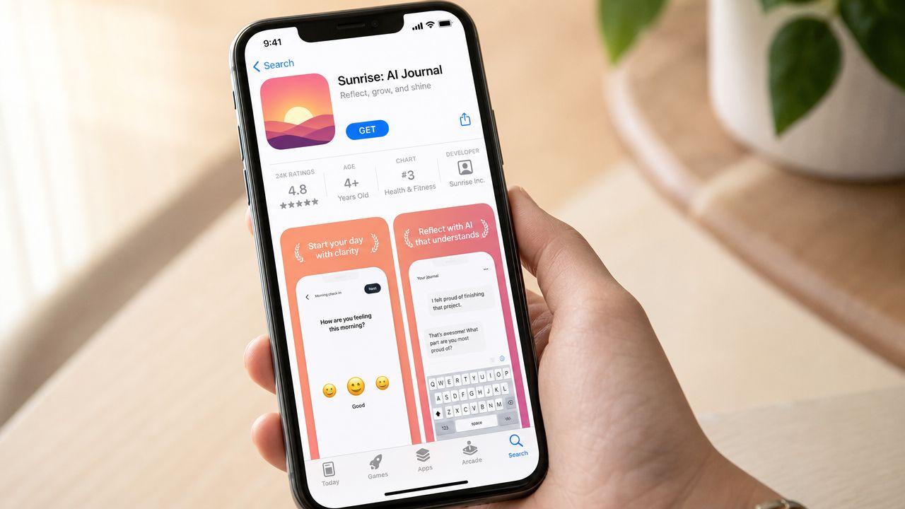 A person holding an iPhone displaying the App Store page for the Sunrise AI Journal app.