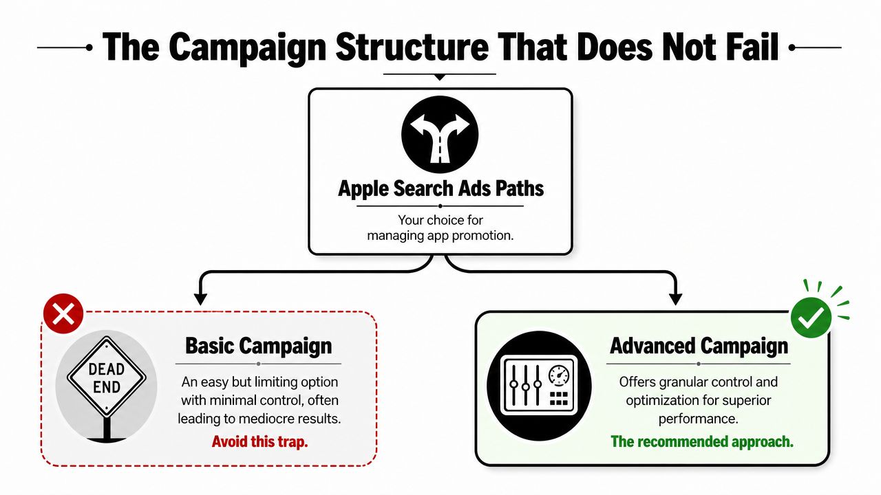 A diagram contrasting Basic and Advanced Apple Search Ads campaign structures, recommending the advanced approach.