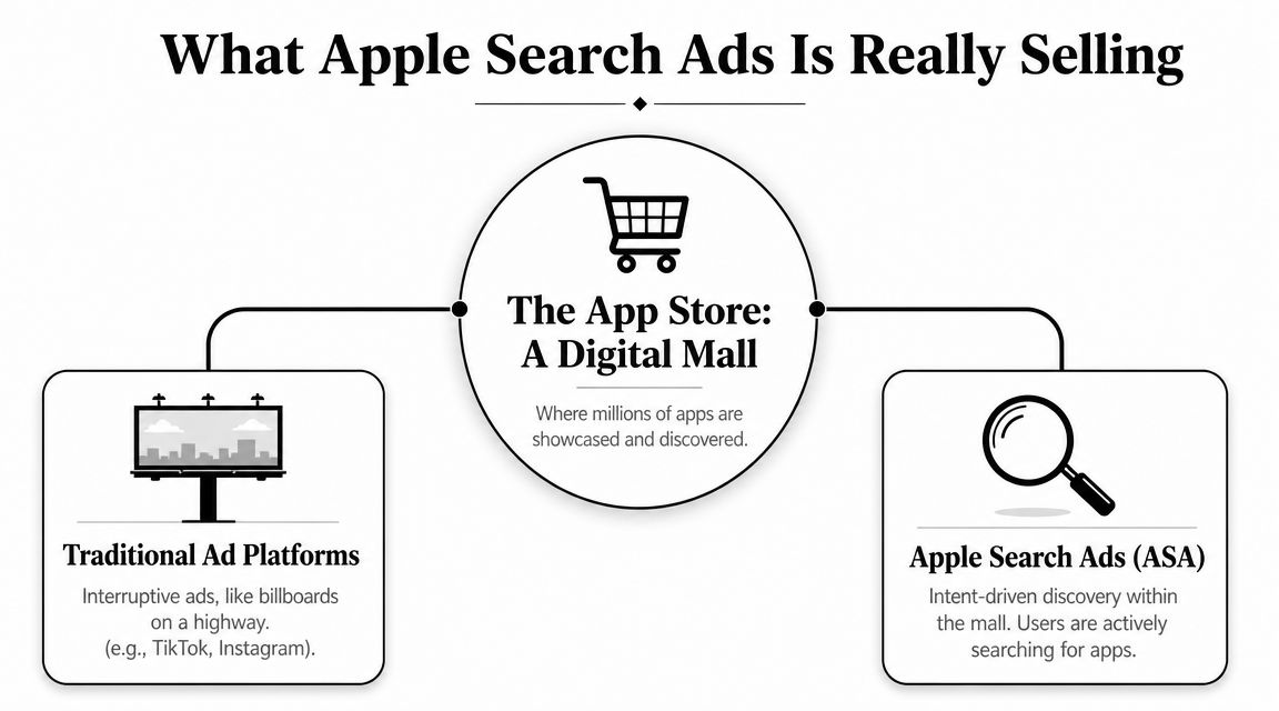A diagram contrasting traditional interruptive ad platforms with intent-driven Apple Search Ads within the digital App Store.