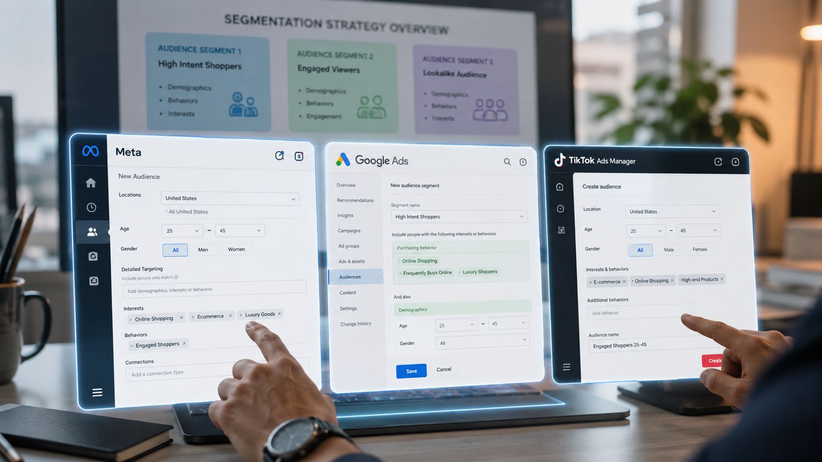 A digital professional managing ad campaigns simultaneously across Meta, Google, and TikTok platforms for audience segmentation.