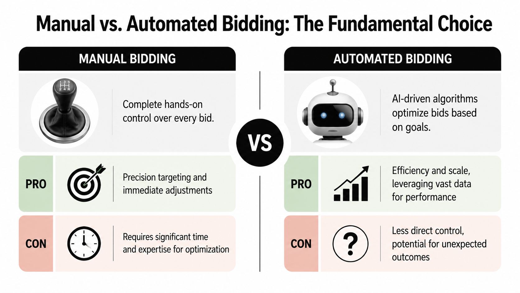 A comparison chart showing the differences between manual and automated bidding strategies for digital advertising campaigns.