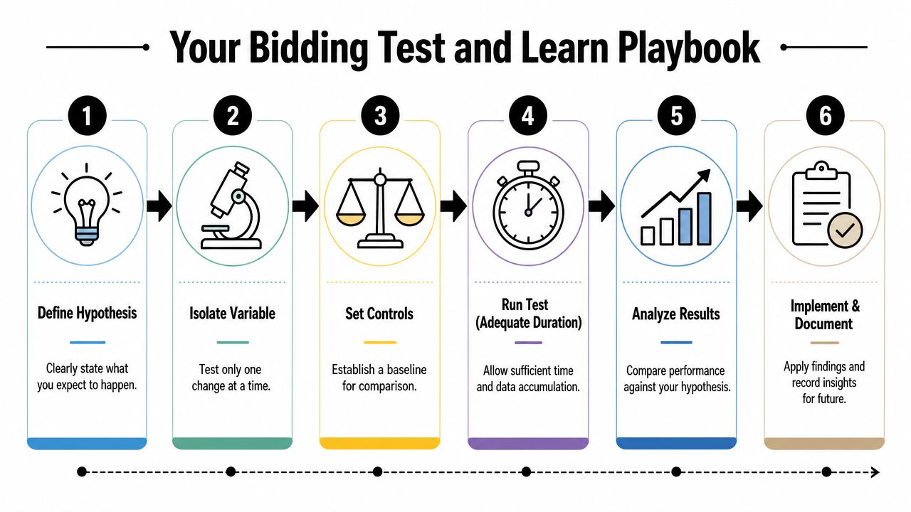 A six-step infographic illustrating a bidding test and learn playbook with numbered icons for each process.