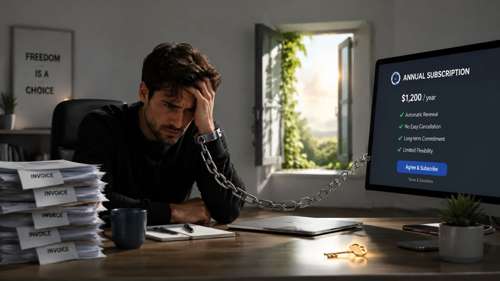 A distressed man chained to a computer screen showing an expensive and difficult to cancel subscription plan.