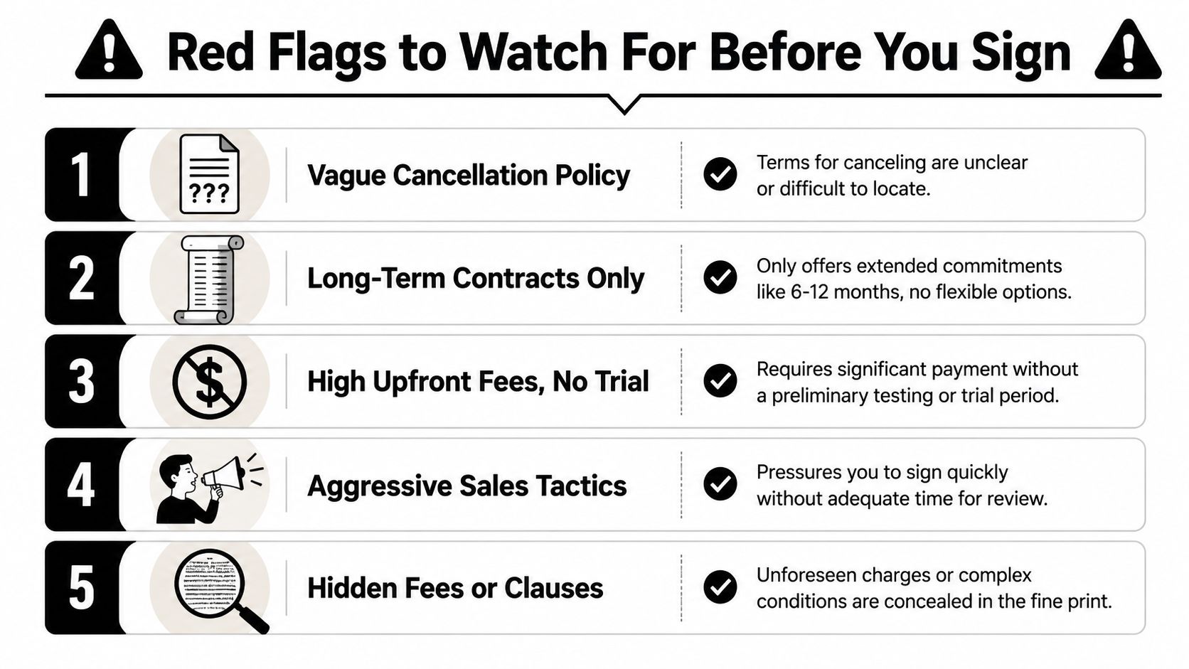 A list of five red flags to watch for before signing a business contract or agreement.
