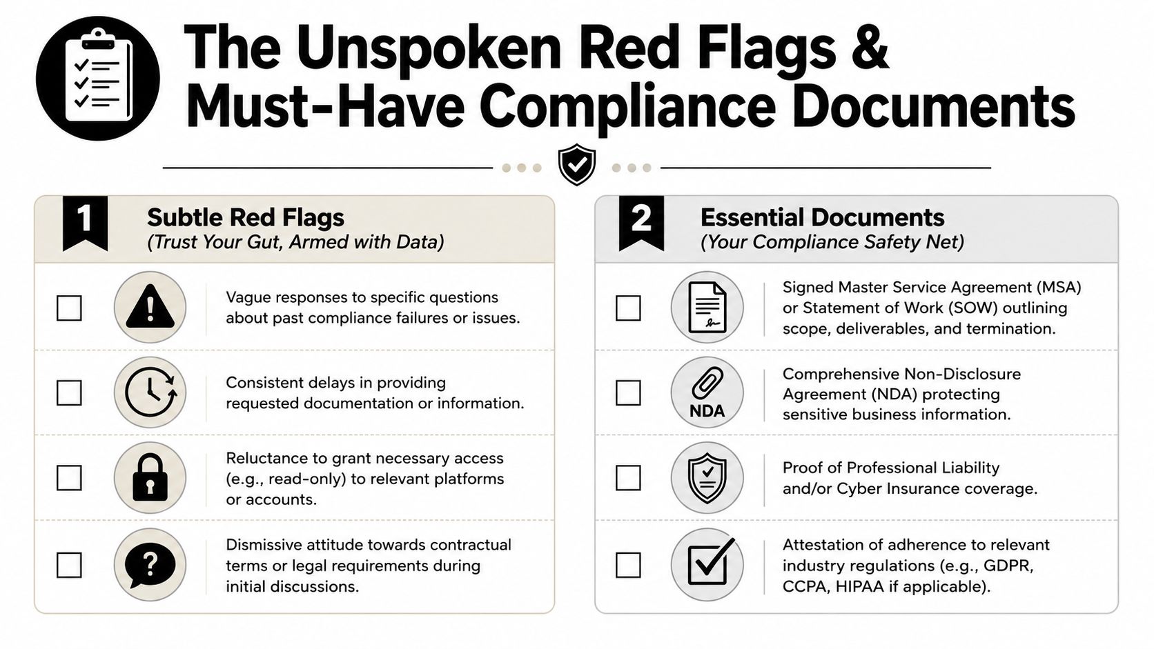 A checklist infographic titled The Unspoken Red Flags and Must-Have Compliance Documents for business relationships.