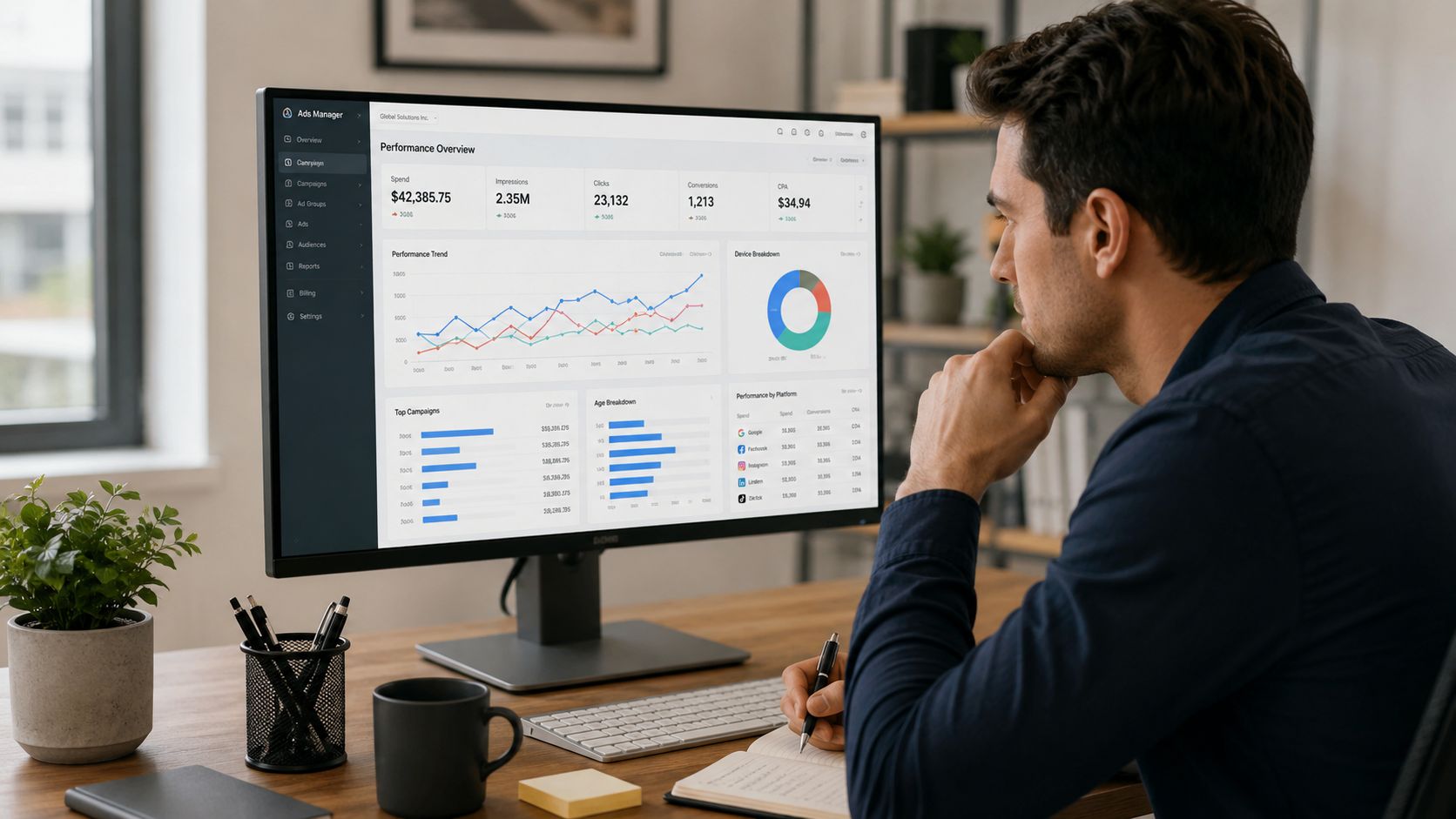 A professional man analyzing digital marketing campaign data on his computer monitor in a home office.