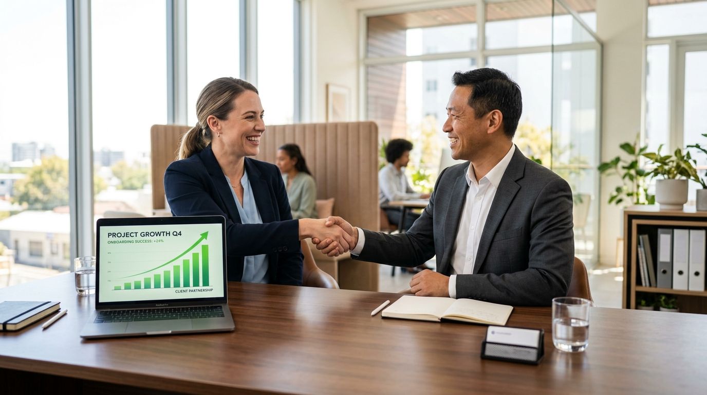 A professional woman and man shaking hands over a table with a laptop displaying growth charts