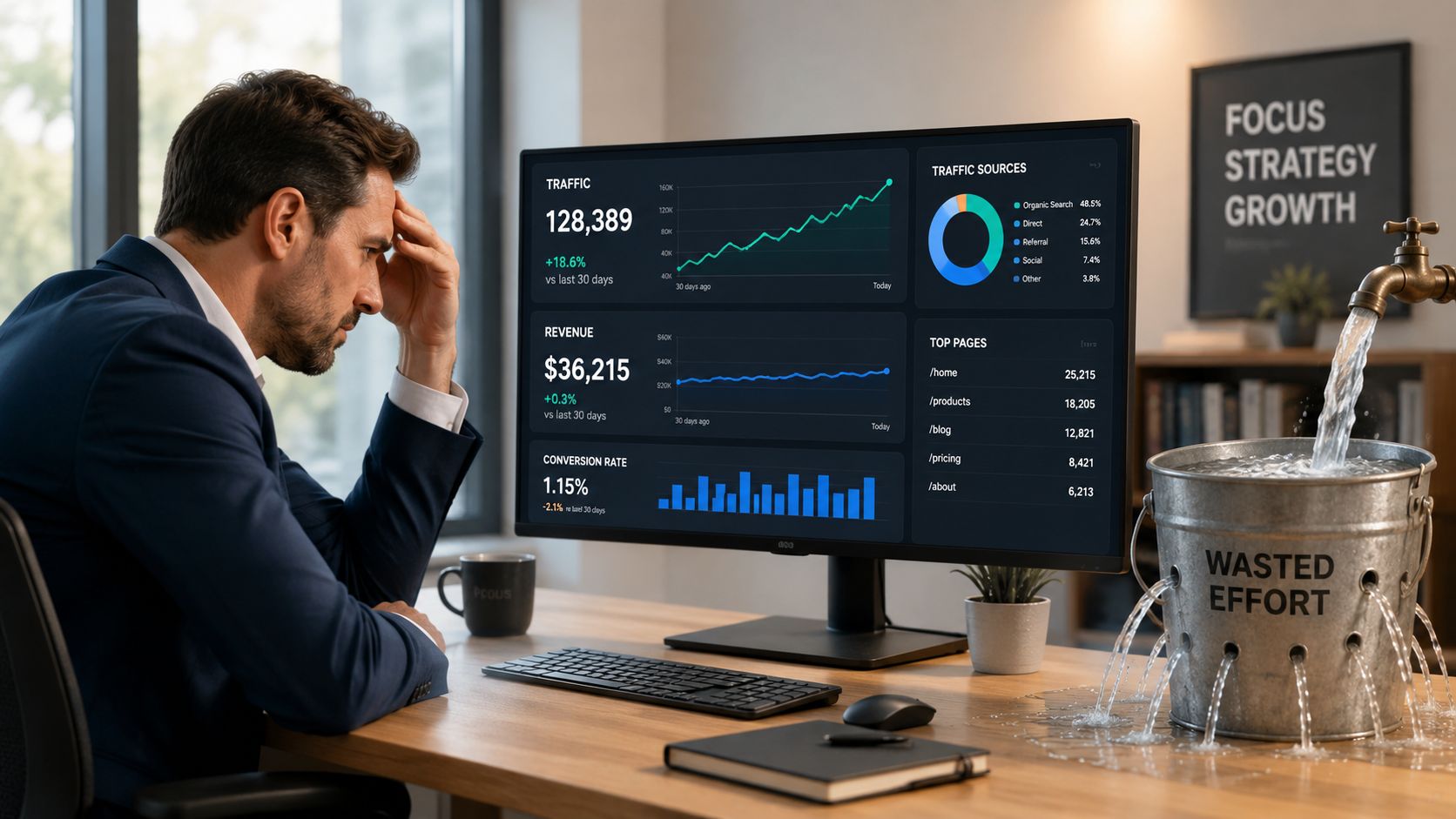 A stressed businessman looks at a computer dashboard showing rising traffic but low conversion rates.