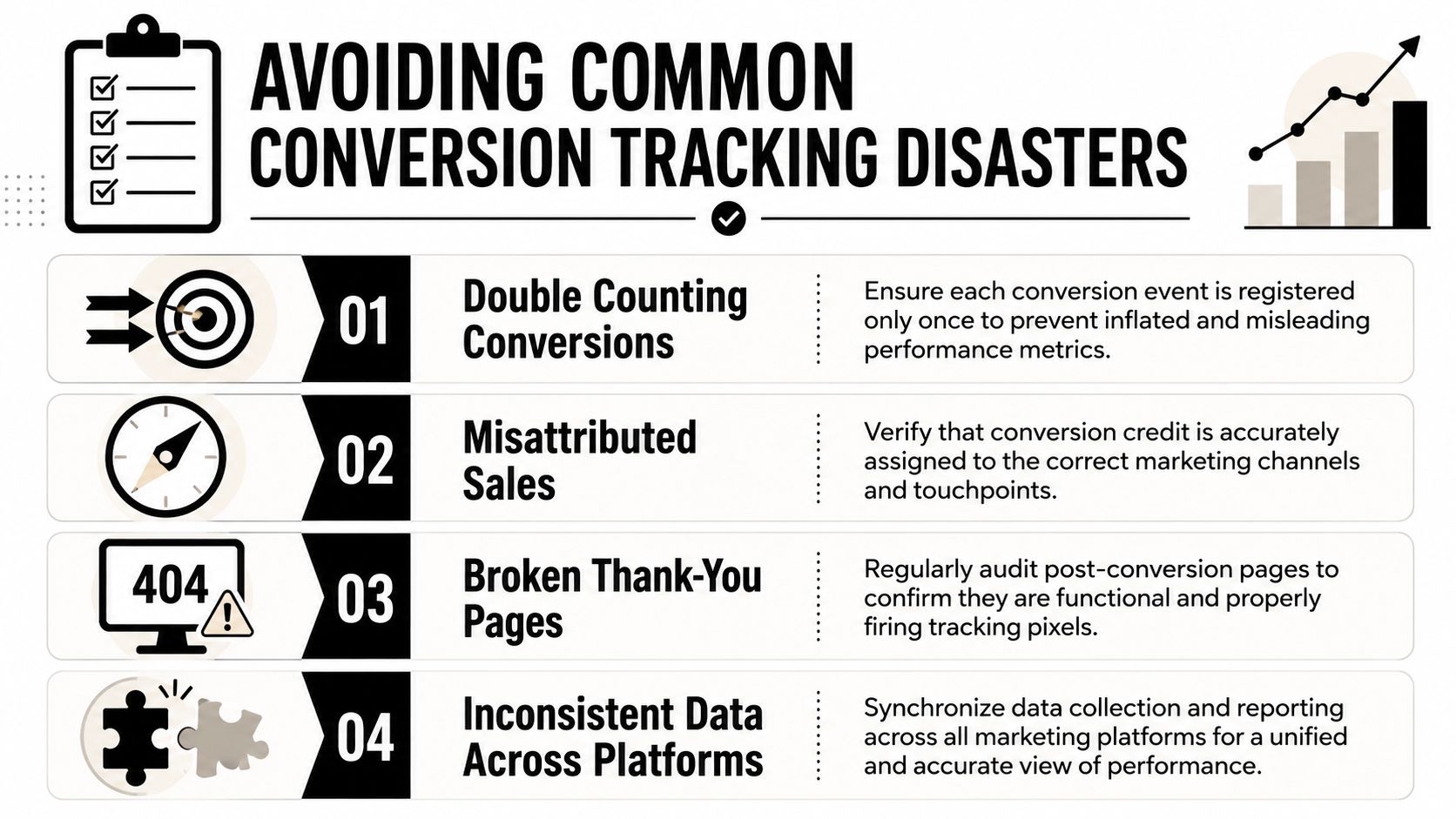 A checklist infographic outlining four common conversion tracking disasters to avoid for accurate marketing performance data.