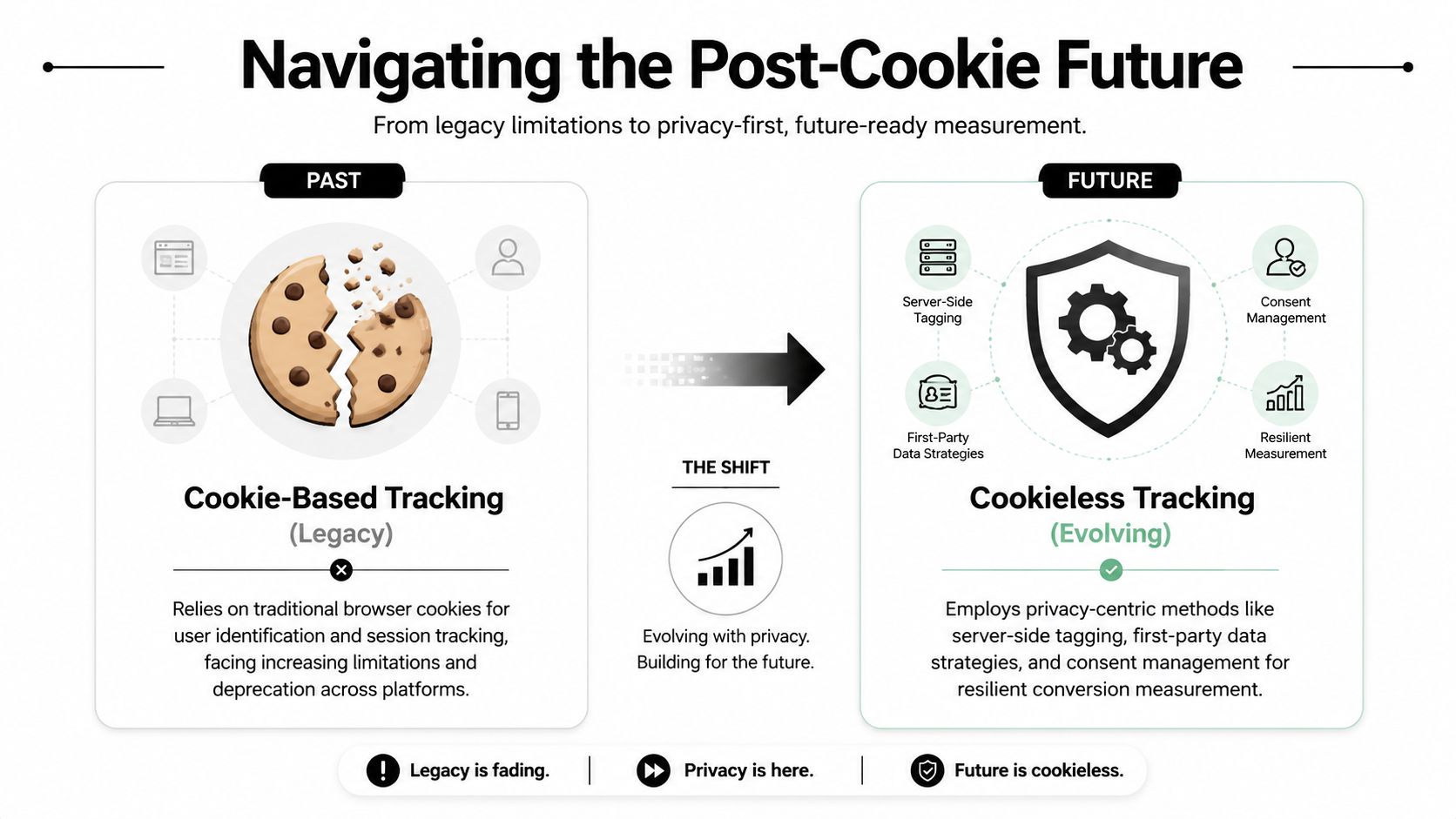 An infographic comparing legacy cookie-based tracking to modern, privacy-first cookieless tracking and future conversion measurement strategies.