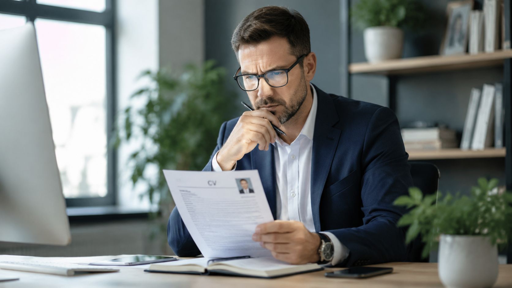 A professional man in a suit carefully reviewing a resume while working at his desk in an office.