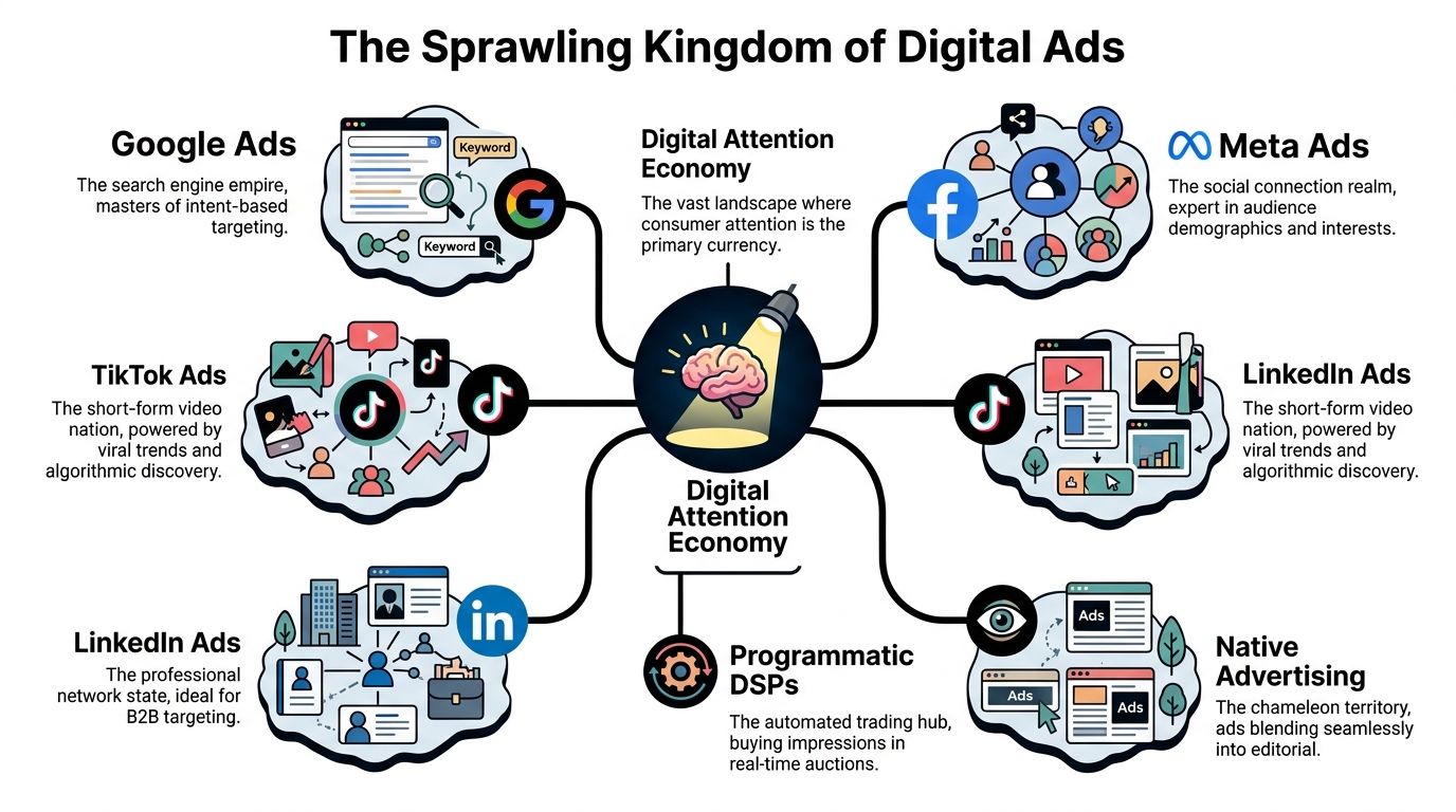 A diagram illustrating the digital advertising landscape, highlighting major platforms like Google, Meta, TikTok, LinkedIn, and programmatic advertising.