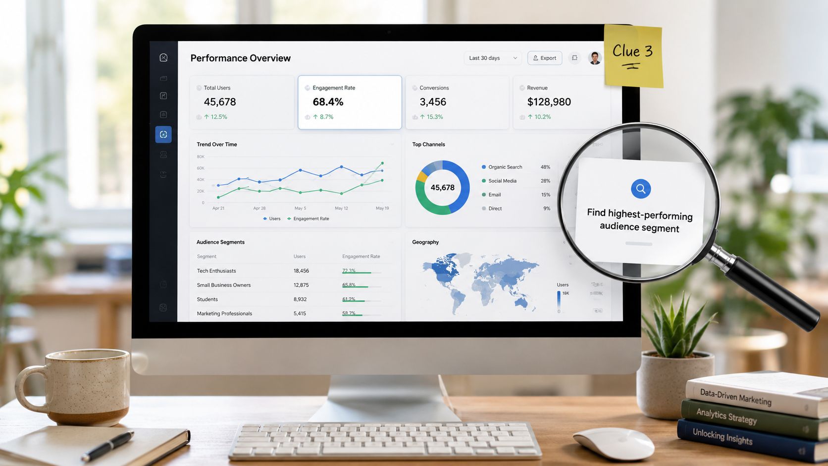 Computer screen displaying a performance overview dashboard with analytics, audience segments, and search magnifying glass overlay.