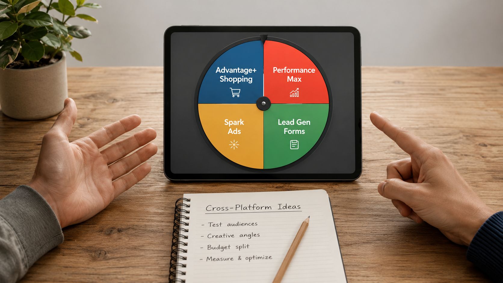 A tablet displays a four-section marketing wheel featuring digital advertising strategies next to a handwritten list.