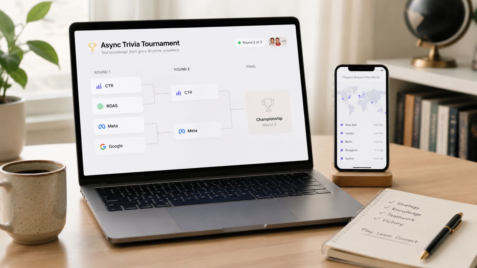 A laptop and smartphone displaying a virtual team trivia tournament bracket on a desk with a notepad.