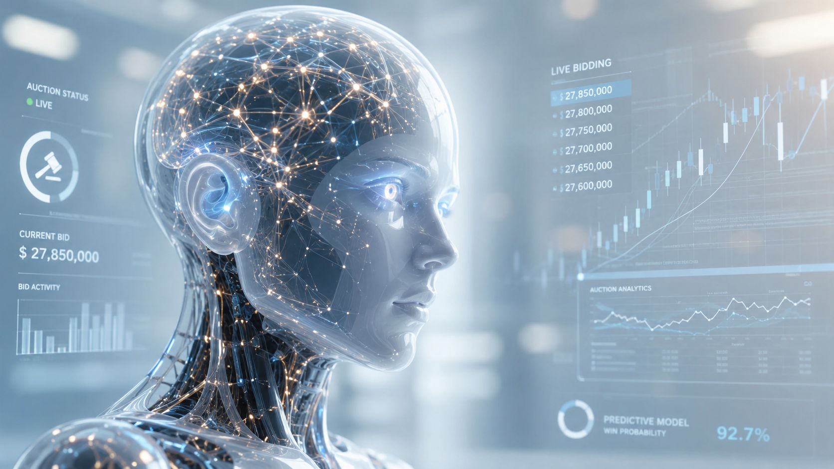 A futuristic AI avatar head displays real-time live bidding financial market data and analytics on a digital interface.