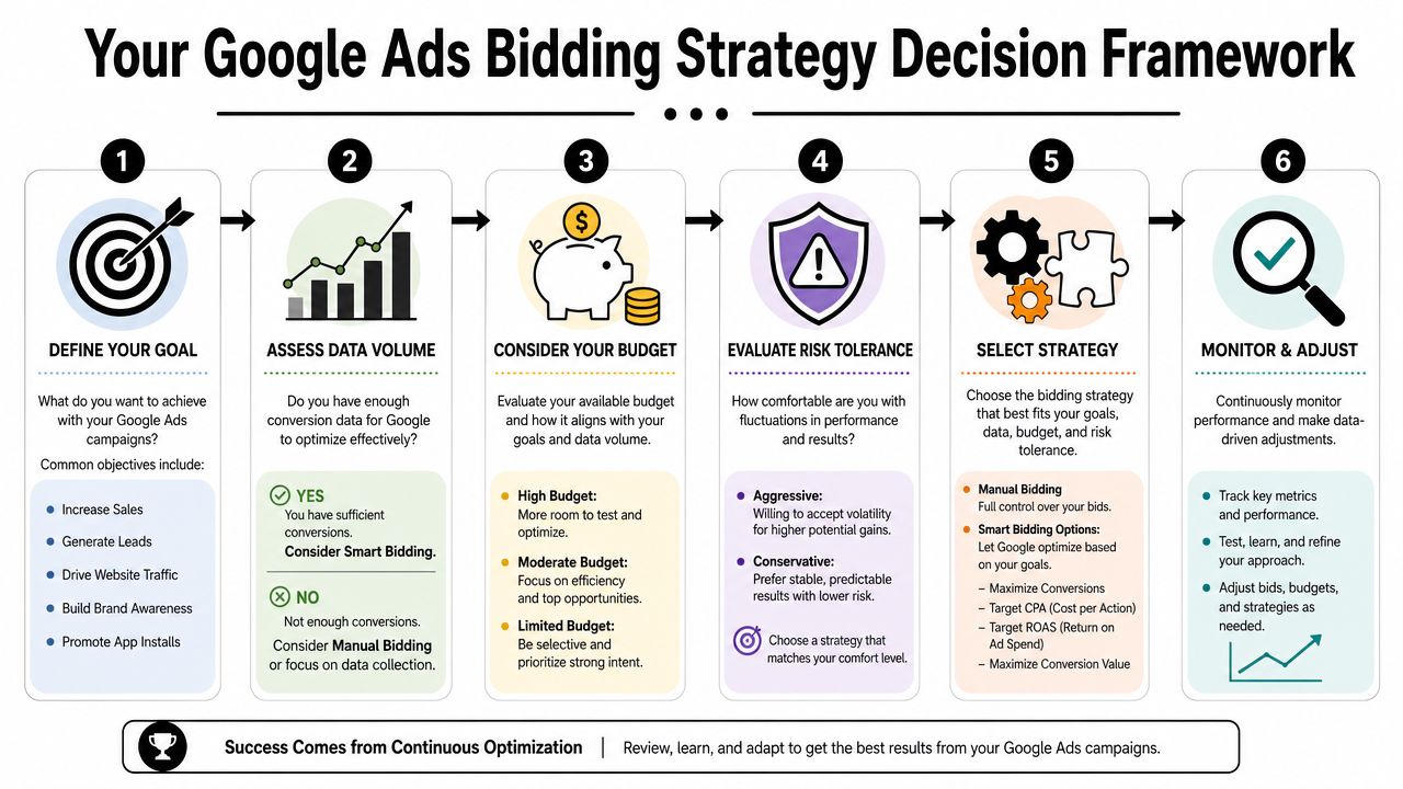A flowchart infographic outlining six steps for choosing an effective Google Ads bidding strategy for marketing campaigns.