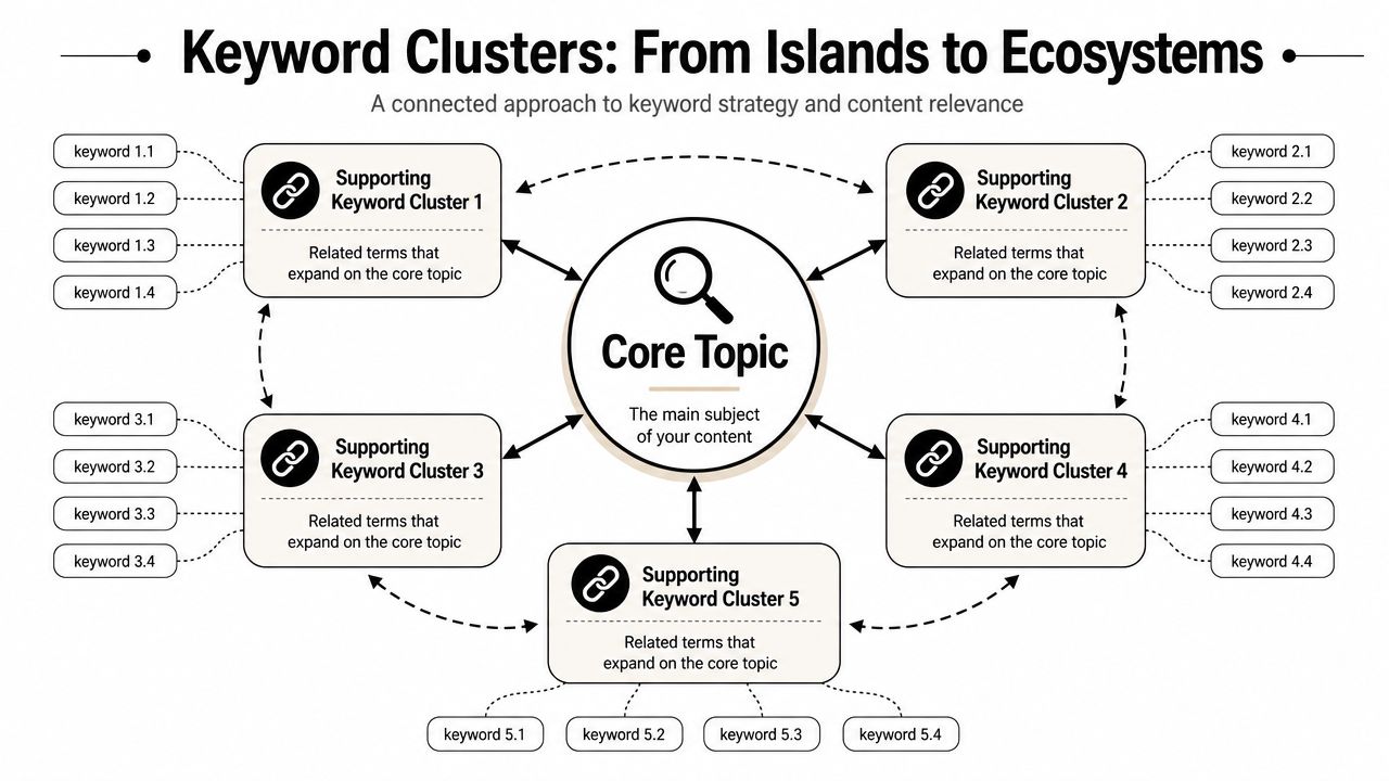 A diagram illustrating the keyword cluster strategy, connecting a central core topic to various supporting keyword clusters.
