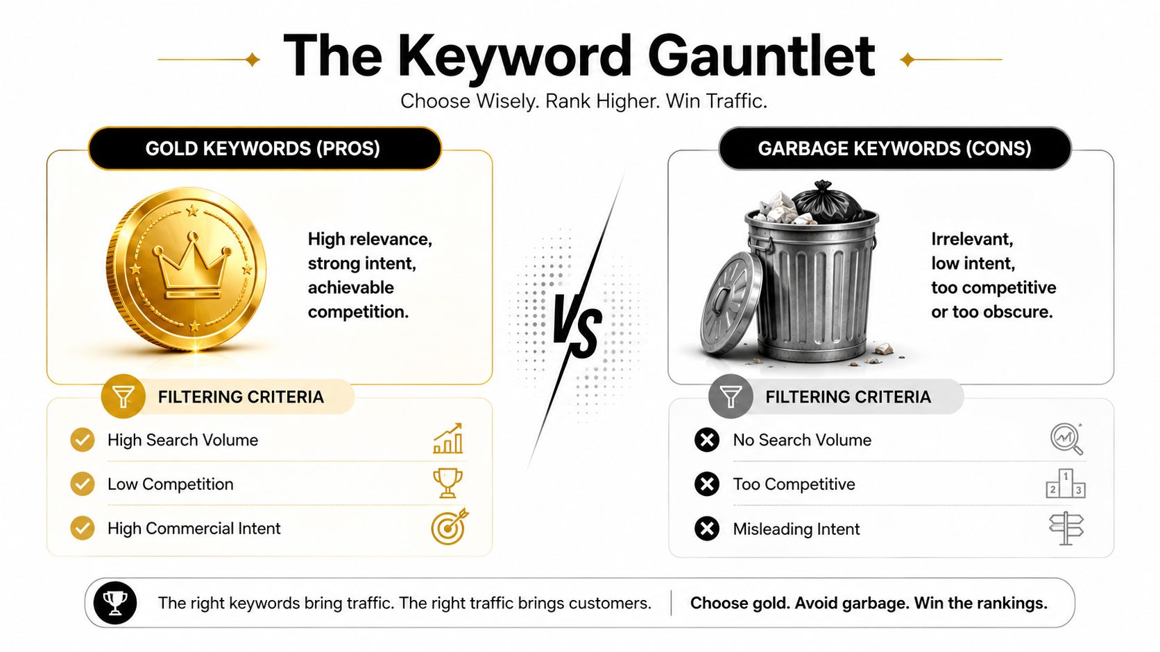 A diagram comparing gold keywords with high potential versus garbage keywords that are ineffective for SEO.