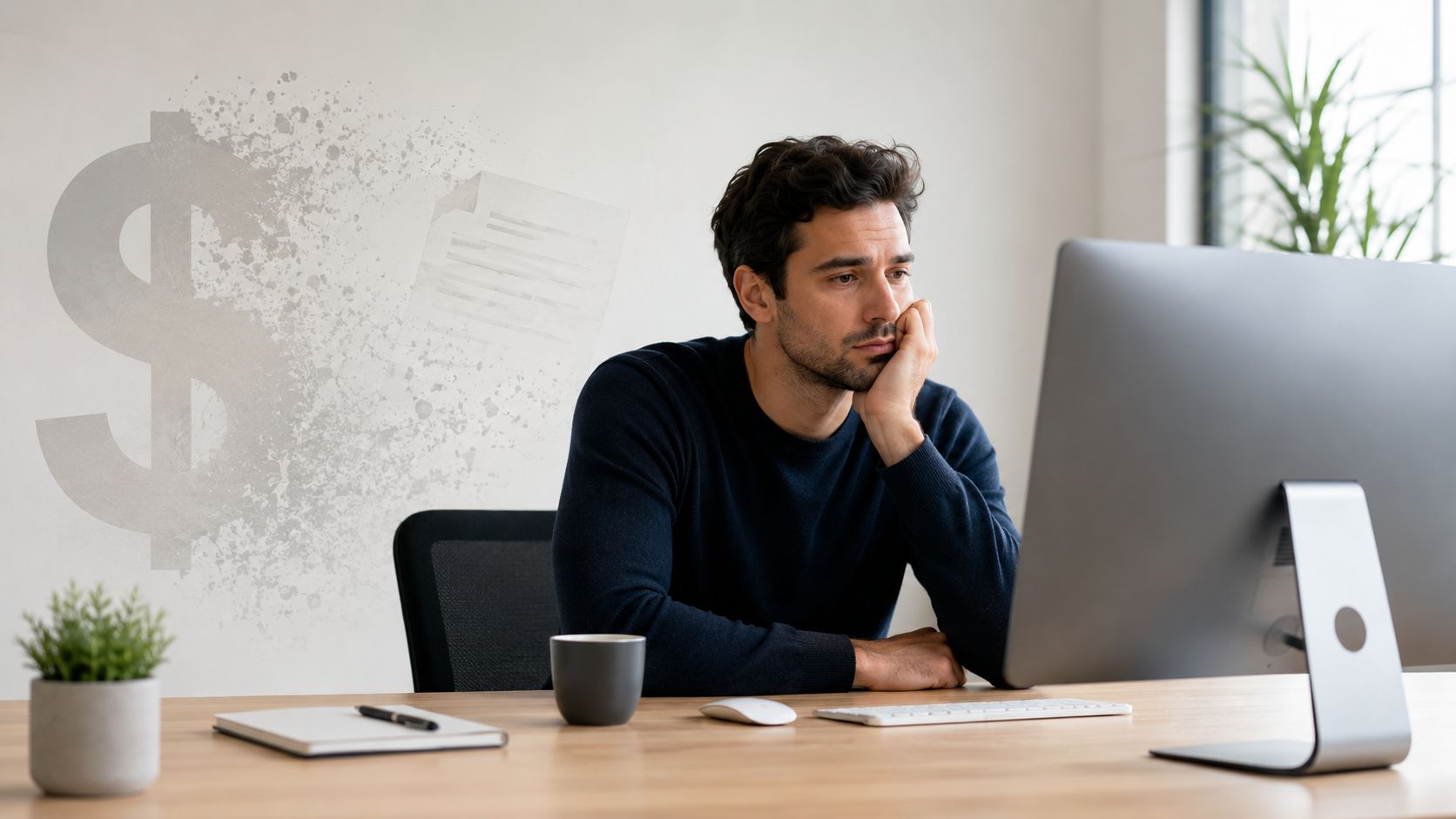 A thoughtful man sitting at his desk working on a computer with a large dollar sign icon nearby.