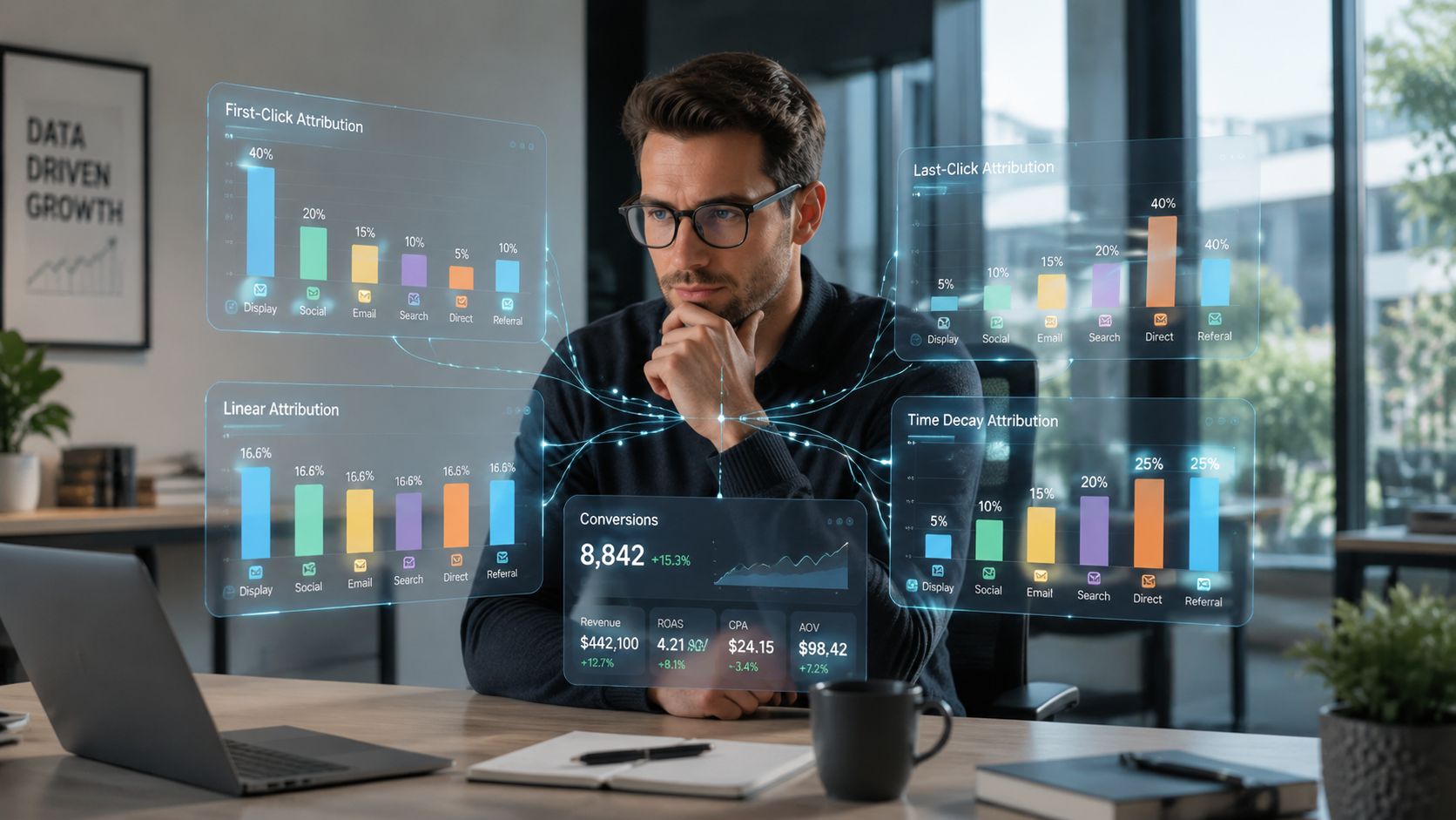 A professional analyzing digital marketing data through holographic interactive charts on various attribution models in an office.