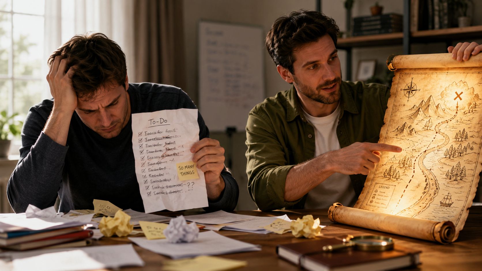 Two colleagues collaborating on a project with one feeling overwhelmed by a list and one showing a map.
