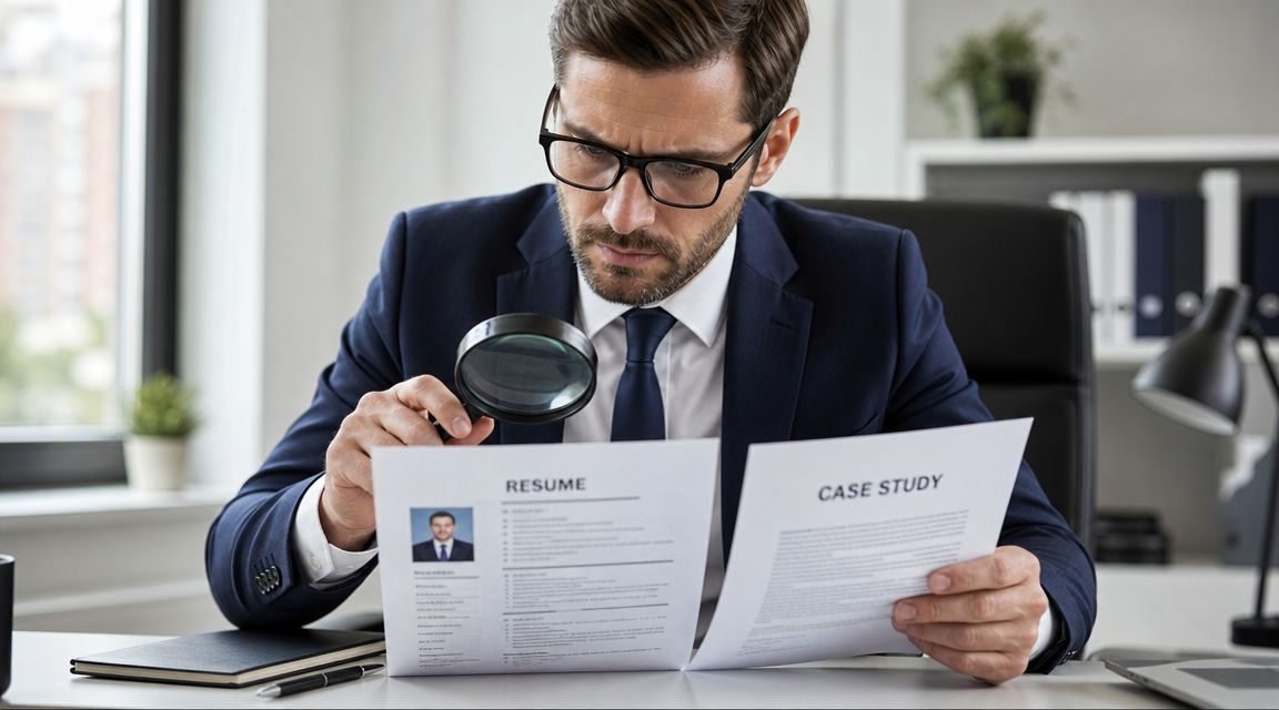 A professional recruiter in a suit carefully examines a resume with a magnifying glass while reviewing documents.