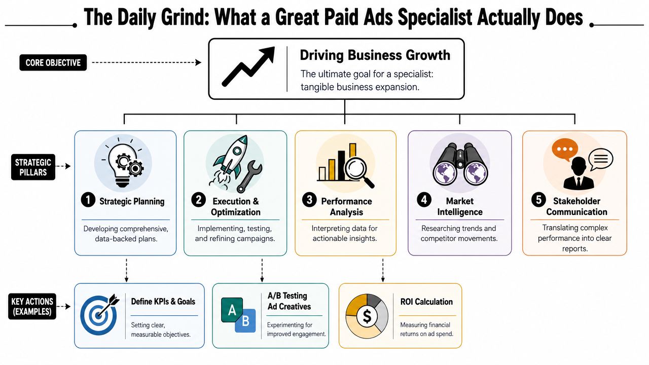 A flowchart infographic outlining the core objectives, strategic pillars, and key actions of a paid ads specialist.
