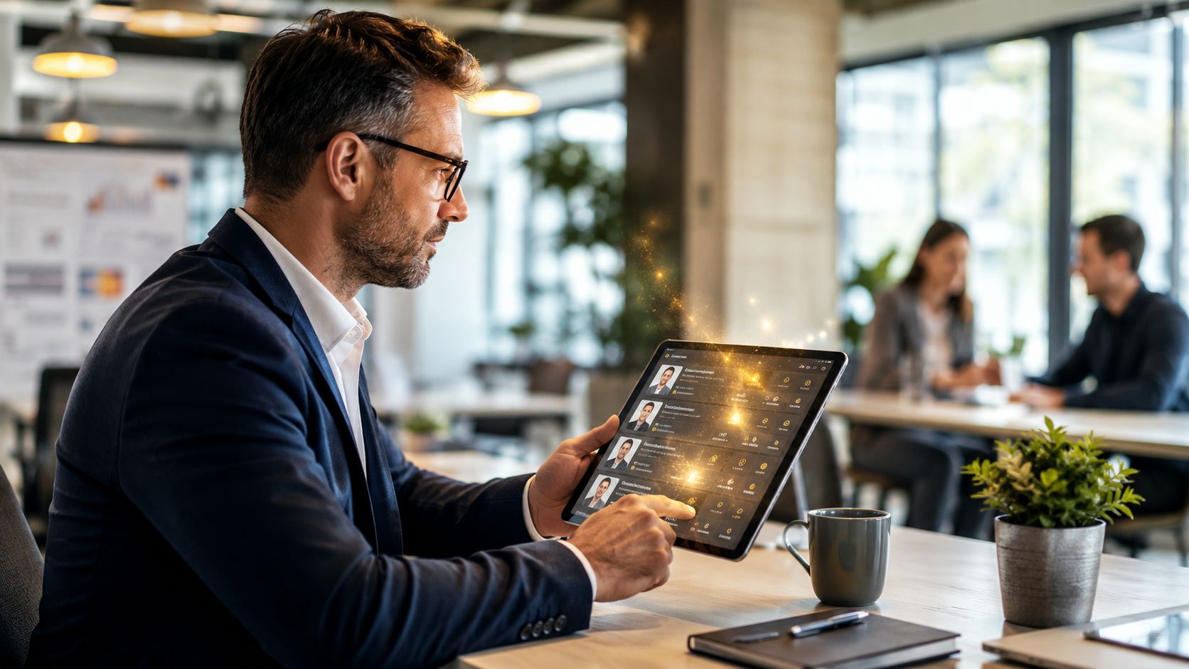 A professional man using a tablet to manage digital marketing campaigns in a modern office environment.