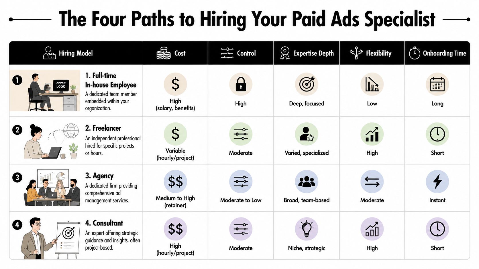 A comparison chart outlining four distinct hiring paths for a paid ads specialist including in-house, freelancer, agency, and consultant.