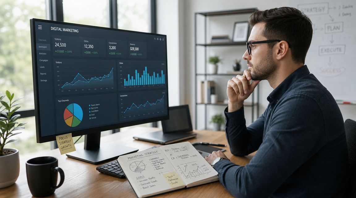 A professional man wearing glasses analyzing digital marketing data on a large computer screen at his desk.